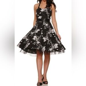 H&R London Halter Retro Swing Dress Rockabilly PinUp Floral Women Size 4 Black